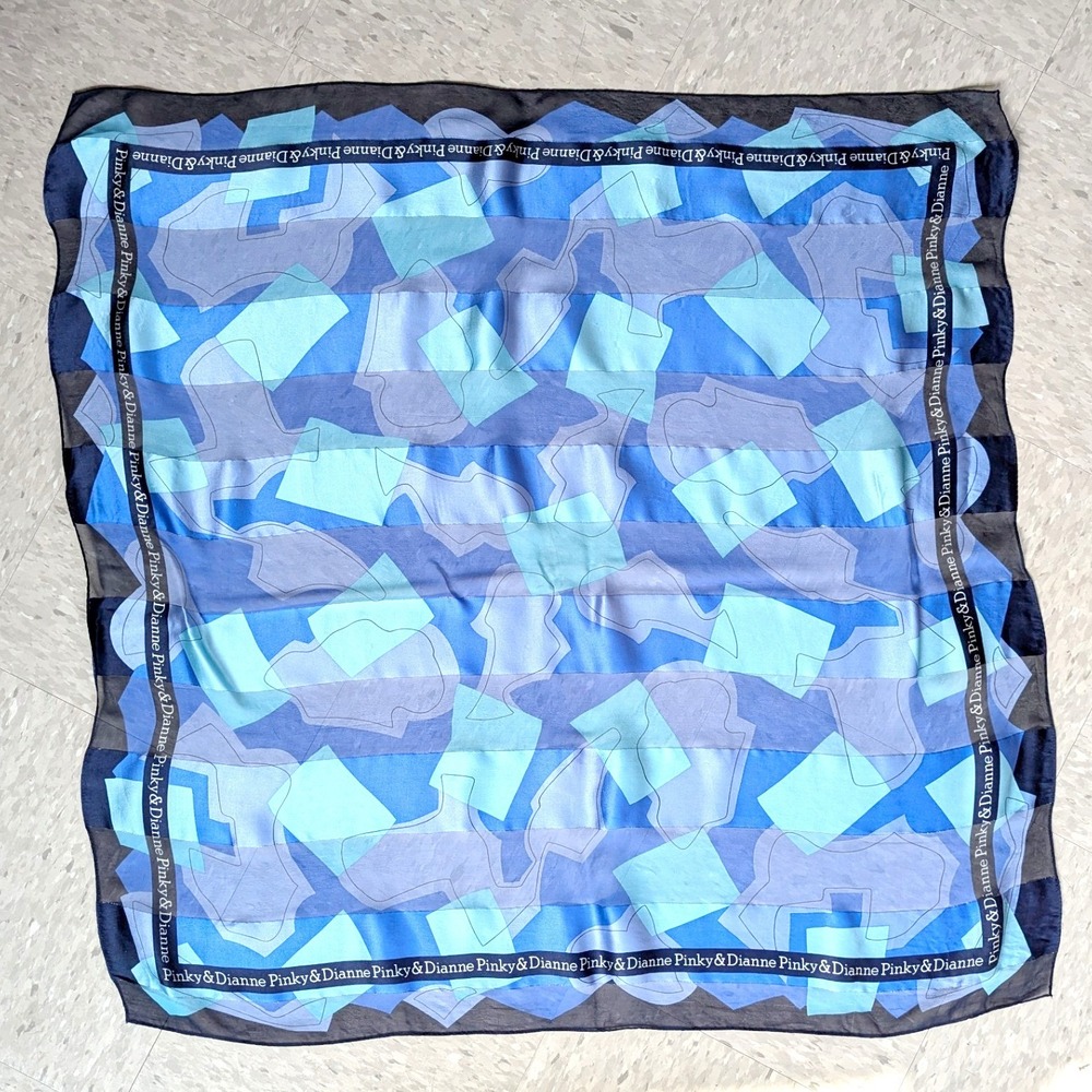 Pinky & Dianne Silk Blue Geometric‎ Abstract Square Scarf Gold Metallic Thread